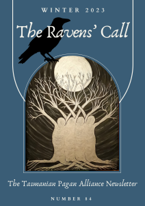 Ravens' Call newsletter has a tree on the cover reaching up to the full moon. A raven is in the top left hand corner of the page.